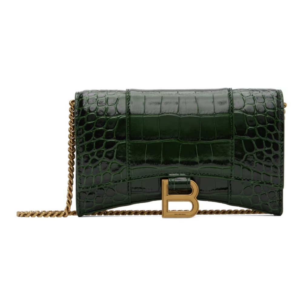 Balenciaga hourglass wallet on chain, crocodile embroidered leather